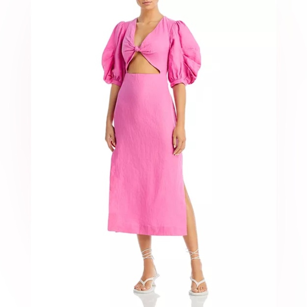 FARM Rio Pink Puff-Sleeve Midi Dress with Front Cutout